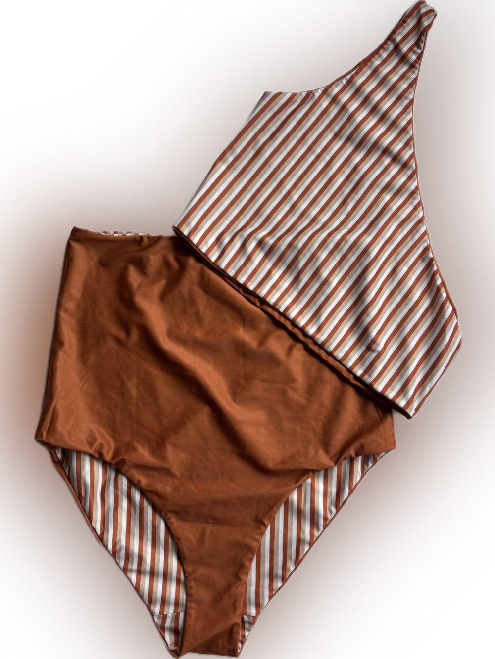 Baiia Swim Deux Reversible One Shoulder Bikini Set Rust Orange Striped